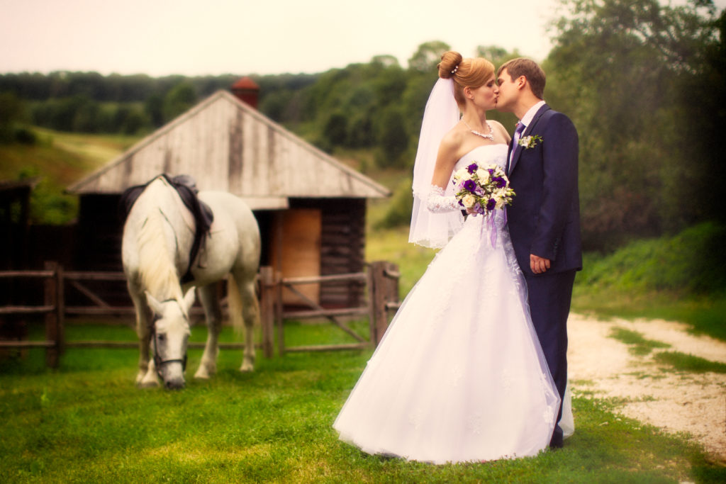 Newly married couple on a farm near grazing horse
