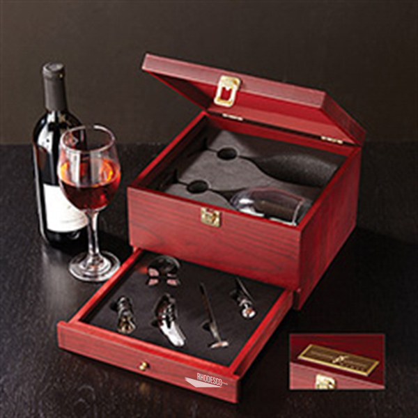 Rosewood wine glass gift set with wine stopper, cork remover, and fitted case