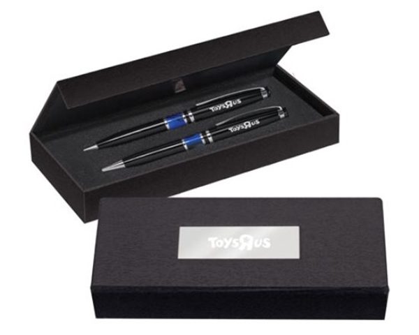 Custom printed logos on ballpoint pen and pencil in a fitted box