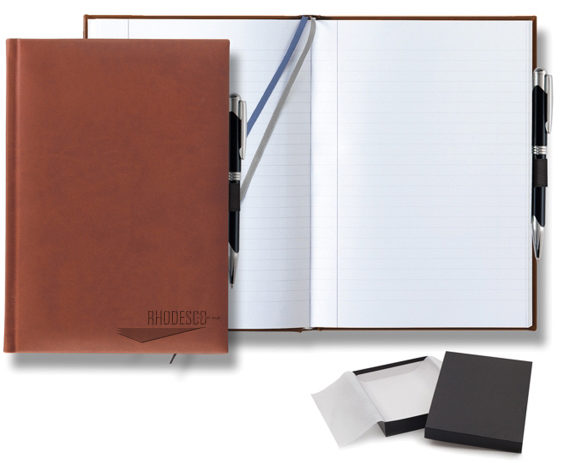 Custom print rich brown faux-leather journal with pen, ribbon markers, and gift box